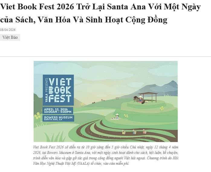 Viet Book Fest 2026 Trở Lại Santa Ana Với Một Ngày của Sách, Văn Hóa Và Sinh Hoạt Cộng Đồng